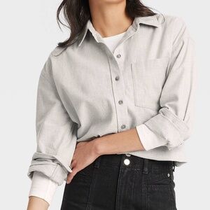 OVERSIZED FLANNEL LONG SLEEVE COLLARED BUTTON-DOWN SHIRT Large GRAY Neutral Cozy